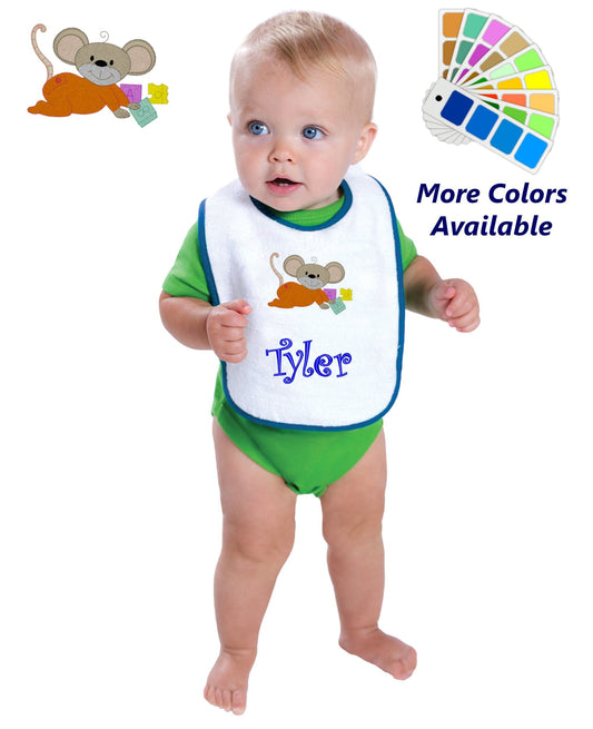 Personalized Baby Bib White Cotton Terry with Contrast Trim Baby Mouse Blocks Design for Boy or Girl Embroidered Name