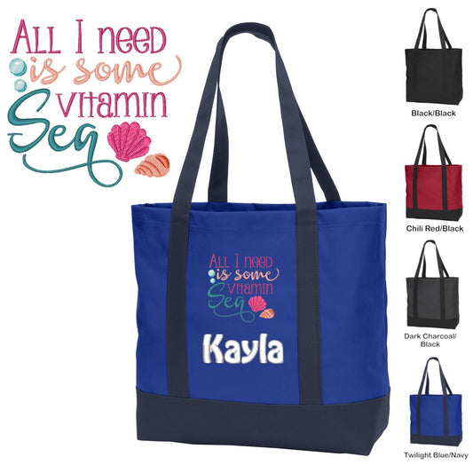 Personalized Beach Tote Bag, Embroidered with Vitamin Sea Design, with Name, Perfect Mom Wife Gift, Summer Tote Bag, Pool Tote