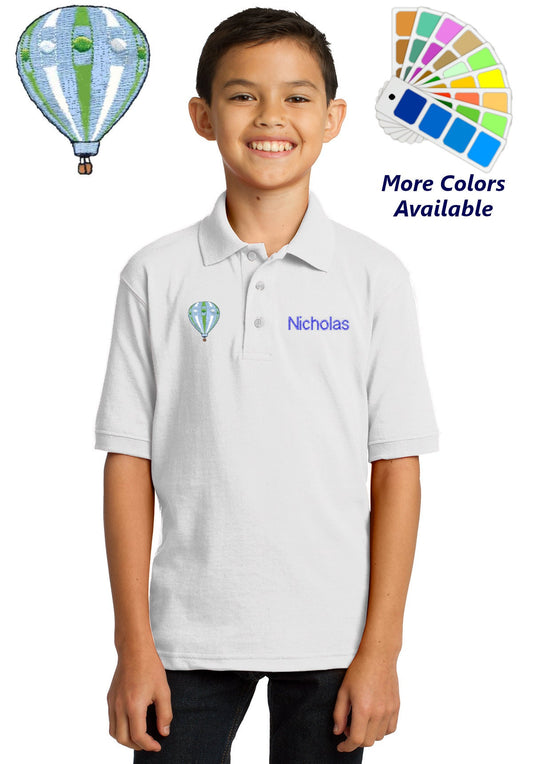 Personalized Kids Polo Shirt Embroidered Hot Air Balloon Monogrammed with a Name or Text of Your Choice