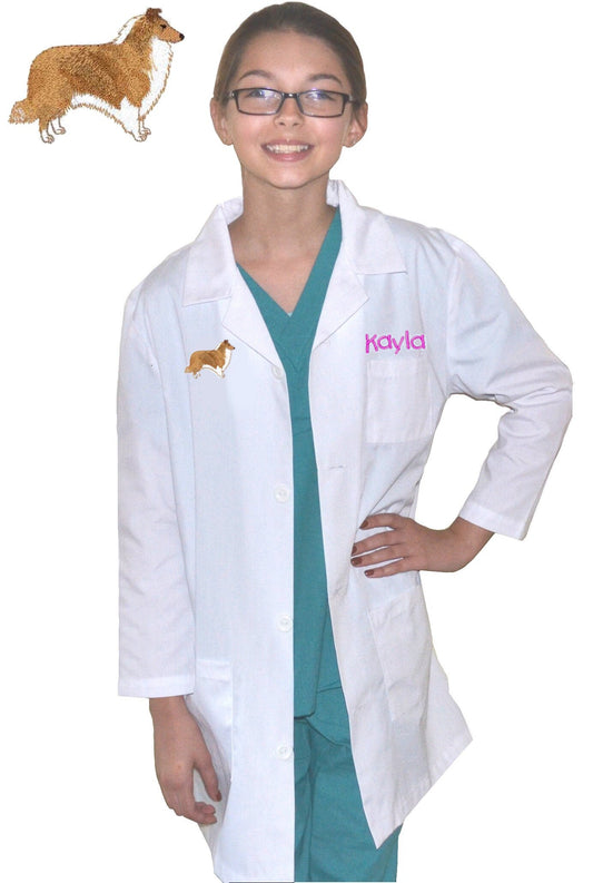 Personalized Kids Lab Coat with Collie Dog Embroidery Design, Veterinarian Lab Coat, Birthday Gift, Childrens Lab Coat, Monogrammed Name