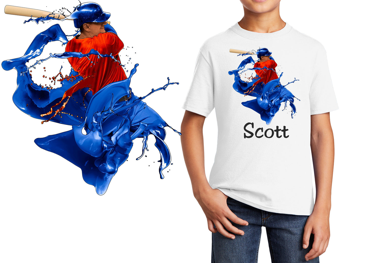 Personalized Kids T-Shirt Baseball Splash Design, T-Shirt, Colorful, Cotton, Low Price Inexpensive Tee Shirt, Student Gift, School Gift