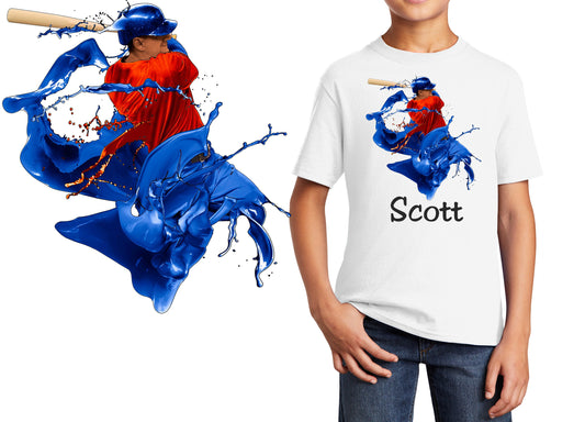 Personalized Kids T-Shirt Baseball Splash Design, T-Shirt, Colorful, Cotton, Low Price Inexpensive Tee Shirt, Student Gift, School Gift