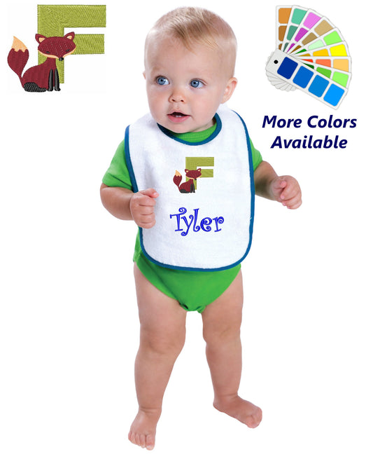 Personalized Baby Bib, White Cotton Terry with Contrast Trim, Letter F, Alphabet, Fox Design, for Boy or Girl, Embroidered Name