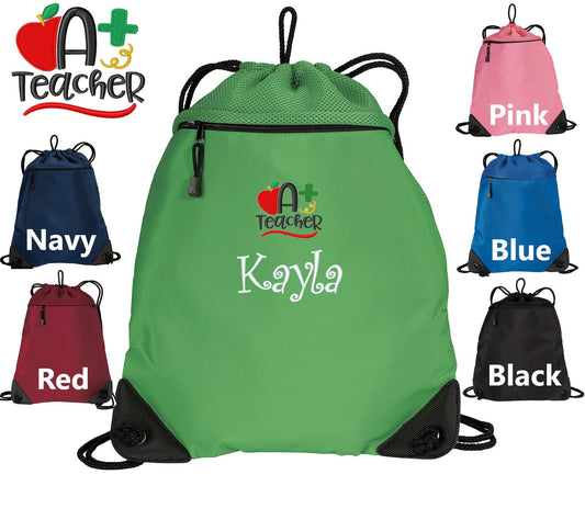 Personalized Teacher Cinch Pack, Drawstring Gym School PE Pool Backpack, Embroidered A Plus Teacher, Monogrammed Custom Name, Teacher Gift