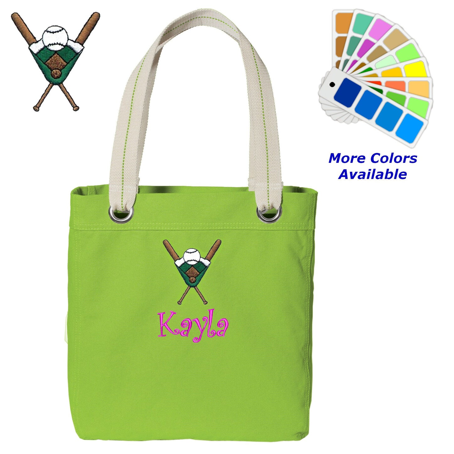 Personalized Canvas Tote Bag Baseball Logo Design Contrast Lined with Metal Grommets Embroidered with Name or Text of Your Choice