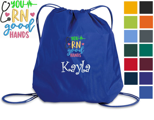 Personalized RN Nurse Cinch Pack, Drawstring Gym School, Pool Backpack, Embroidered Good Hands Design, Monogrammed Custom Name, Nurse Gift