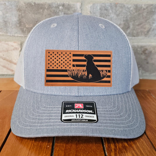 Hunting Dog Leather Patch Trucker Hat, Richardson 112, Duck Hunter Hat with Flag, Dad Gift, Husband Gift, Sportsman Gift, Laser Engraved