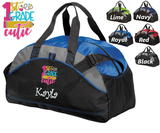 Personalized Kids First Grade Duffel Bag Cutie, Duffle Gym, School PE Student Gift Contrast Piping and Stitching Embroidered with Name