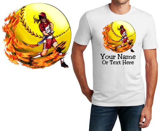 Personalized T-Shirt Softball Player Fire Design, Sports Shirt, Printed Shirt, Custom Name, Dad Gift, Coach Gift, Unisex, Womens Tee