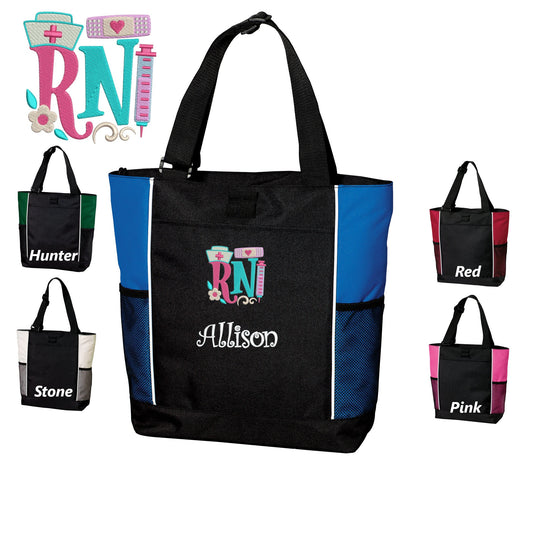 Personalized Canvas RN Nurse Tote Bag, Flower, Custom Tote, Tote with Zipper, Embroidered Custom Name, Funny Nurse Gift