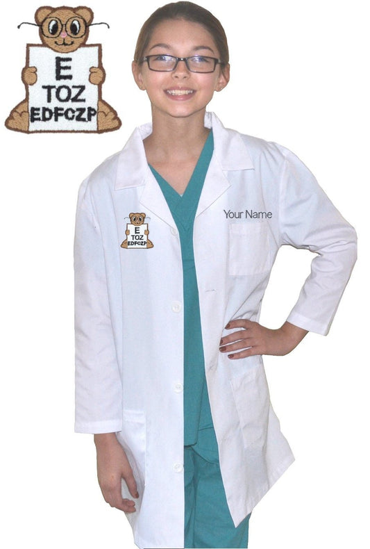 Personalized Kids Eye Doctor Lab Coat with Eye Chart and Bear Embroidery Design