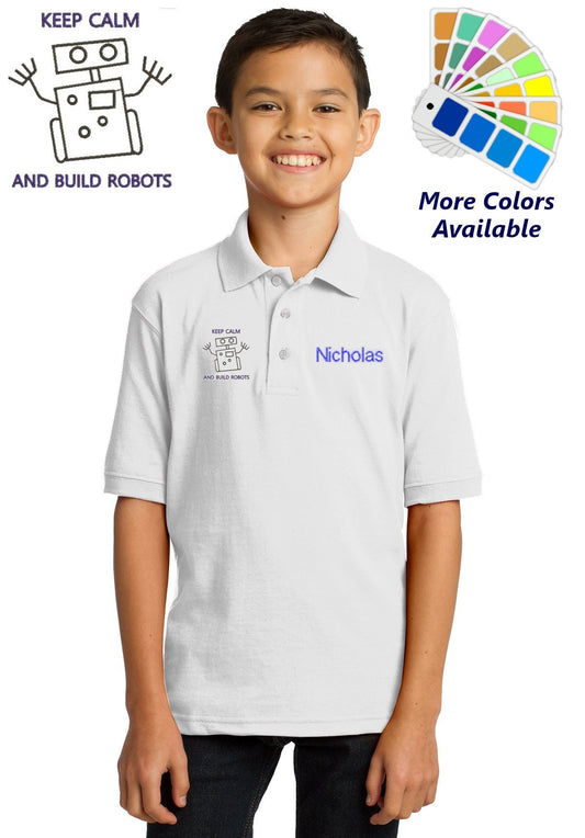Personalized Kids Polo Shirt Embroidered Robotics Keep Calm Build Robots Monogrammed with a Name or Text of Your Choice