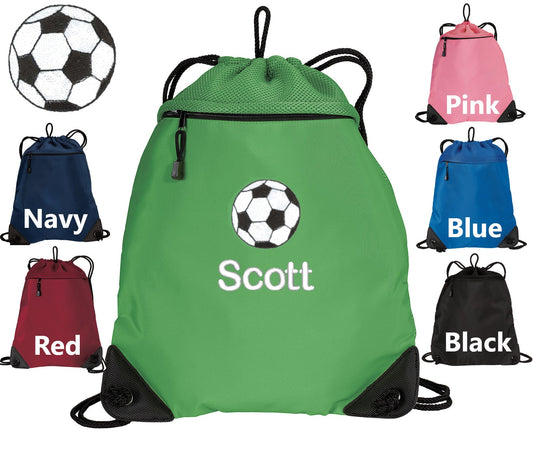 Personalized Soccer Cinch Pack, Drawstring Gym School PE Pool Backpack, Embroidered Soccer, Monogrammed Custom Name Perfect Student Gift