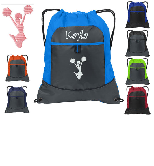 Personalized Cheerleader Cinch Pack Drawstring, Cheer Design, Gym School PE Pool Backpack Embroidered Monogrammed Custom Name School Gift