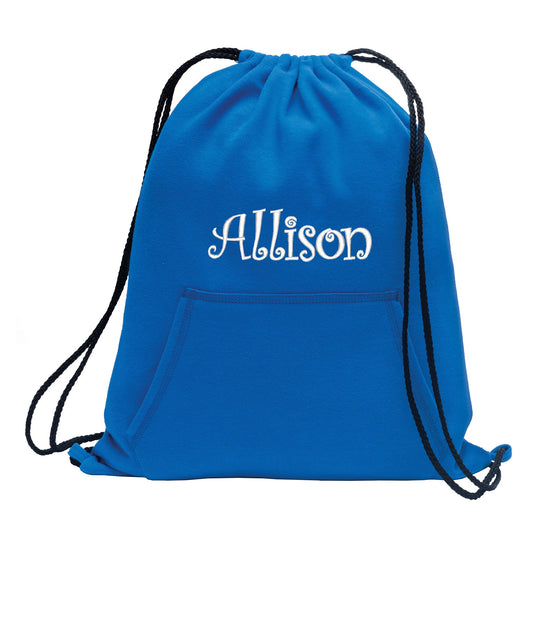 Personalized Royal Blue Cinch Pack, Sweatshirt Fleece, Drawstring Gym School PE Backpack, Embroidered Monogrammed Custom Name, School Gift