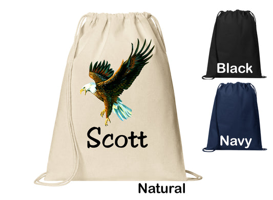 Personalized Eagle Soaring Patriotic Sports Cinch Pack, Drawstring Gym School Pool Backpack, Printed Monogrammed Custom Name, Perfect Gift
