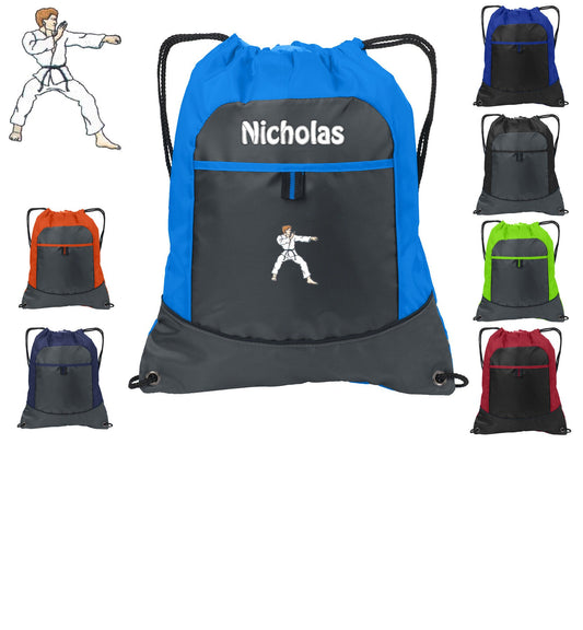 Personalized Kids Cinch Pack Drawstring, Karate Design, Gym School PE Pool Backpack Embroidered Monogrammed Custom Name School Gift