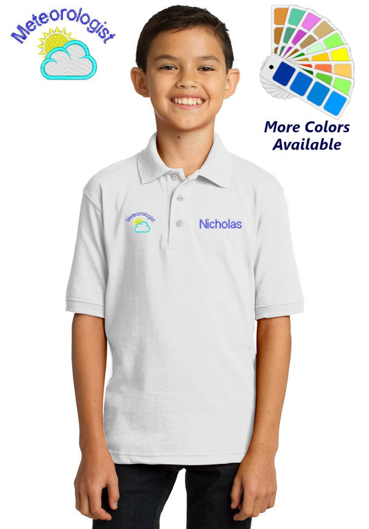 Personalized Kids Polo Shirt Embroidered Meteorologist Weather Monogrammed with a Name or Text of Your Choice