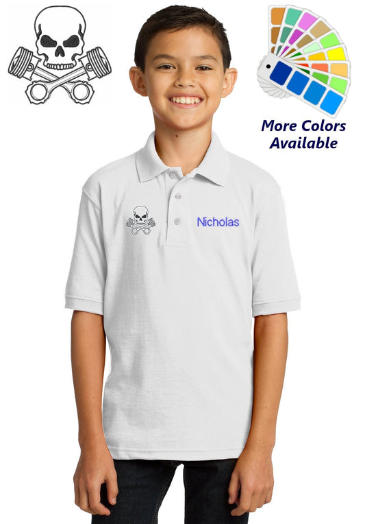 Personalized Kids Polo Shirt Embroidered Mechanics Skull and Pistons Monogrammed with a Name or Text of Your Choice