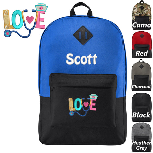 Personalized Nurse Backpack, Love Stethoscope, Custom Bookbag, Backpack with Zipper, Embroidered Monogrammed Custom Name, Nurse Medical Gift