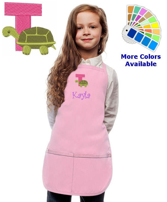 Personalized Kids Apron with Animal Alphabet Letter T Turtle Embroidery Design, Monogrammed Art Smock, Childrens Apron, Cooking Gift