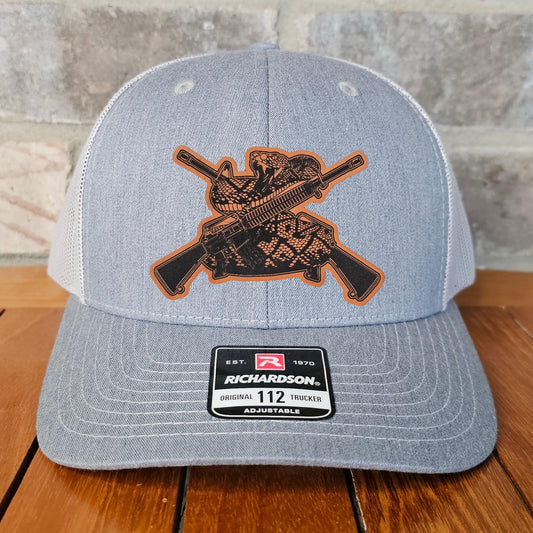 Rattlesnake AR15 Leather Patch Trucker Hat with Gadsden Flag, Richardson 112, Military Gift, Dad Gift, Husband Gift, Laser Engraved