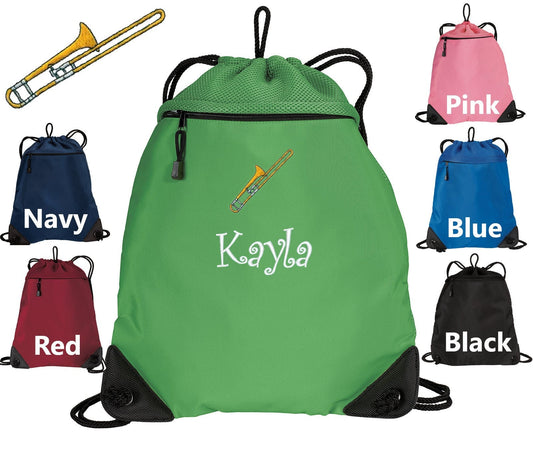 Personalized Kids Cinch Pack Embroidered Trombone Design, Drawstring Gym School PE Pool Backpack, Monogrammed Custom Name, Kids Band Gift