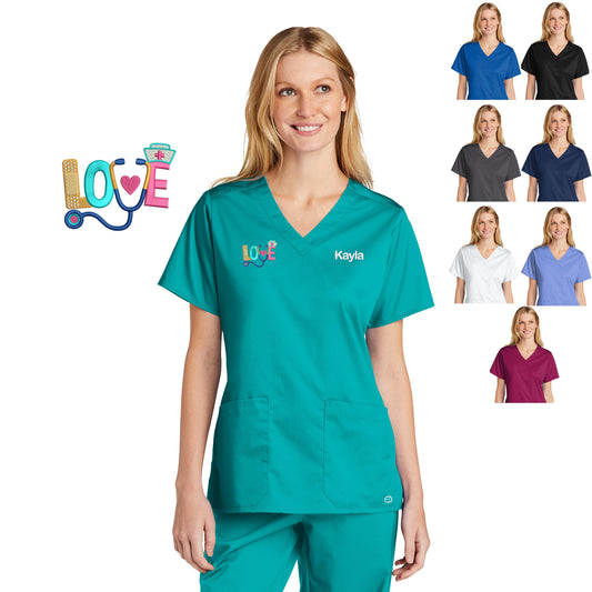 Personalized Womens Nurse Scrubs Top with Love Design, Custom Embroidered Name, Doctor, Veterinarian, Hospital, Shirt, Medical Apparel