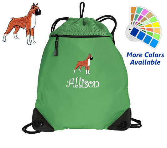 Personalized Cinch Pack, Drawstring Gym School PE, Pool Backpack, Embroidered Boxer Dog, Monogrammed Custom Name, Perfect Student Gift