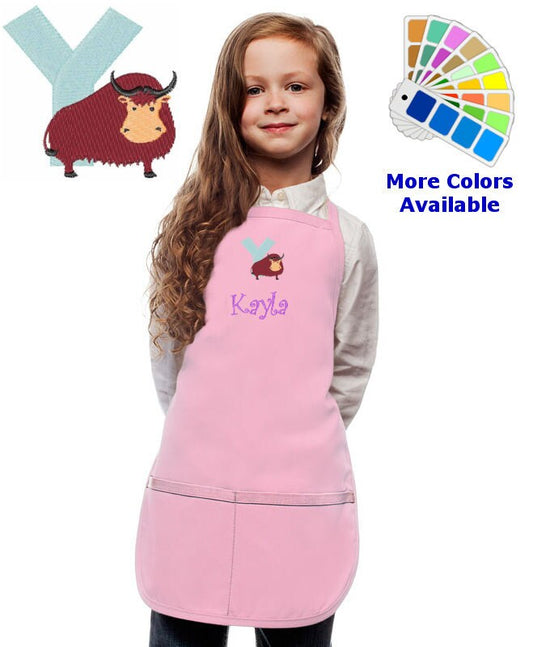 Personalized Kids Apron with Animal Alphabet Letter Y Yak Embroidery Design, Monogrammed Art Smock, Childrens Apron, Cooking Gift