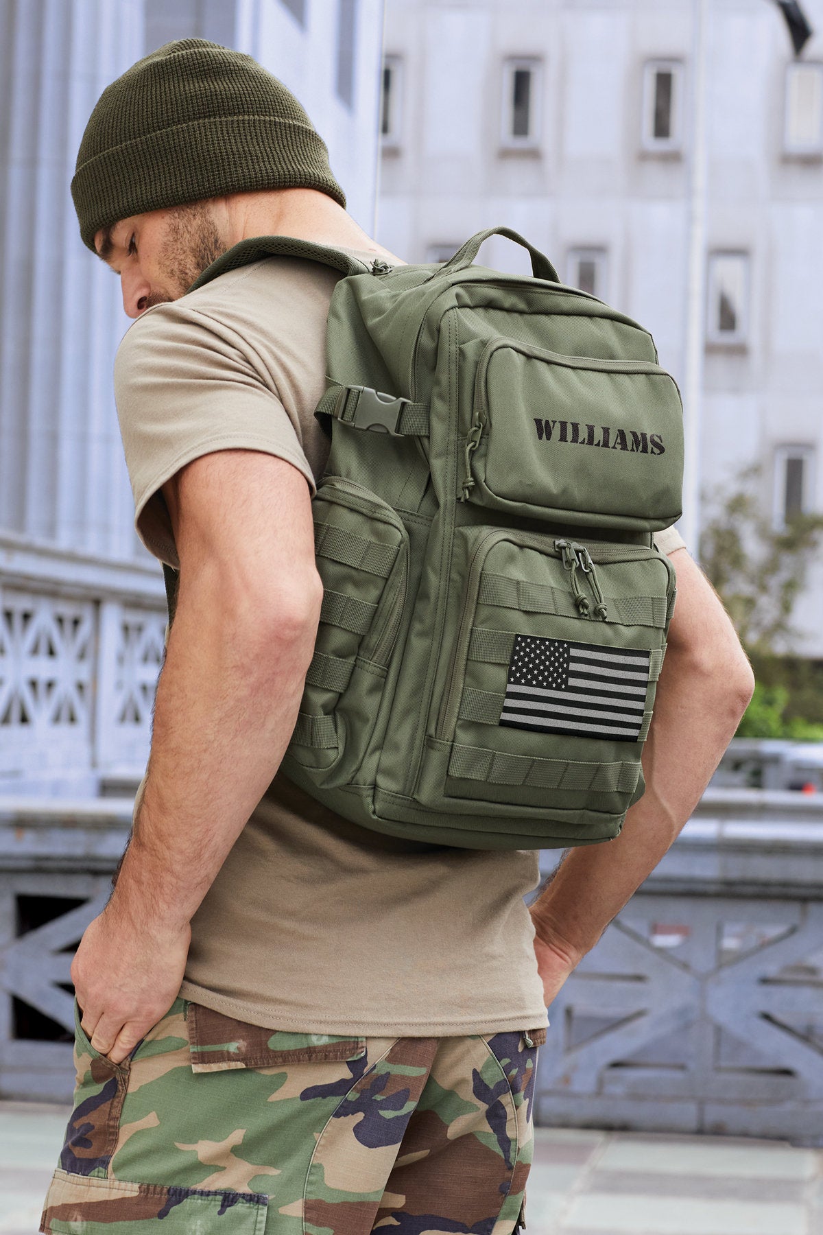 Personalized Tactical Backpack, Range Pack, Loop Panel for Badges Patches, Military, Hydration Port, Embroidered Custom Name