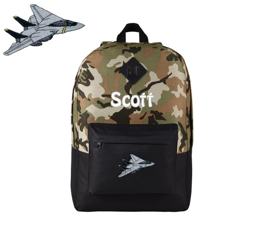 Personalized Camouflage Kids Backpack, Embroidered F14 Tomcat Airplane, Military, Monogrammed Custom Name, Perfect Kids School Gift