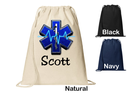 Personalized EMS Paramedic Cinch Pack, Drawstring Gym School PE Pool Backpack, Printed Monogrammed Custom Name, Perfect Gift