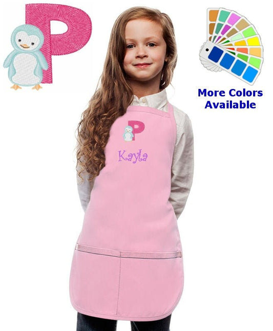 Personalized Kids Apron with Animal Alphabet Letter P Penguin Embroidery Design, Monogrammed Art Smock, Childrens Apron, Cooking Gift