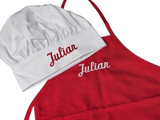 Personalized Kids Christmas Apron and Hat Set, Embroidered Name, Monogrammed Chef Uniform, Chef Gift, Cooking Party, Art Party,School Aprons