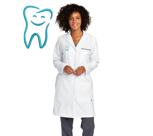 Personalized Womens Dentist Lab Coat with Custom Embroidered Text or Name and Healthy Tooth Design, Doctor, Nurse, Jacket, Medical Apparel