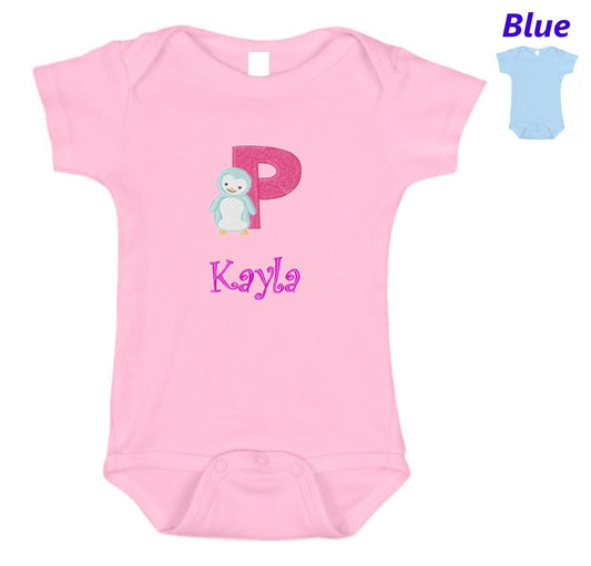 Personalized Baby Onesie Pink Blue Embroidered Letter P Penguin Newborn One Piece Body Suit Baby Shower Gift Monogrammed Your Baby's Name