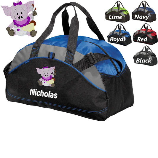 Personalized Kids Duffel Bag Gym Bag School PE Contrast Piping and Stitching Embroidered with Pig and Name or Text of Your Choice