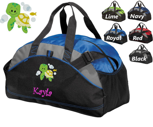 Personalized Kids Duffel Bag Gym Bag School PE Contrast Piping and Stitching Embroidered with Turtle and Name or Text of Your Choice