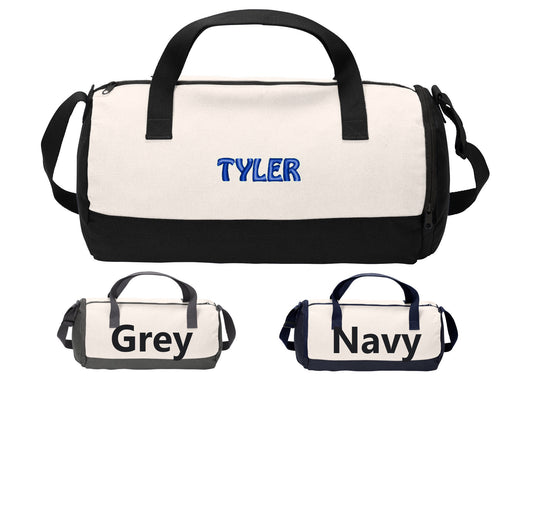 Personalized Cotton Barrel Duffel Bag, Beach Gym School PE Pool Duffle, Embroidered, Monogrammed Custom Name, Kids Gift, School Gift