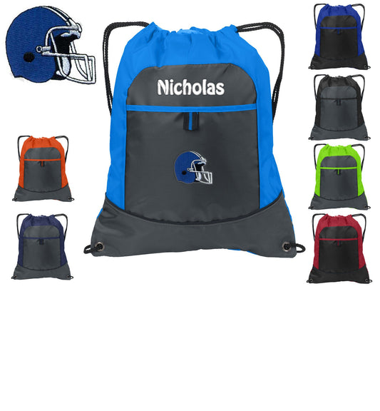 Personalized Kids Cinch Pack Drawstring, Football Helmet Design, Gym School PE Sports Backpack, Embroidered Monogrammed Custom Name Gift