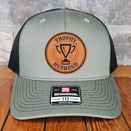 Husband Leather Patch Trucker Hat, Richardson 112, Trophy Husband Cap, Dad Hat, Hubby Gift, Funny Dad Hat, Laser Engraved