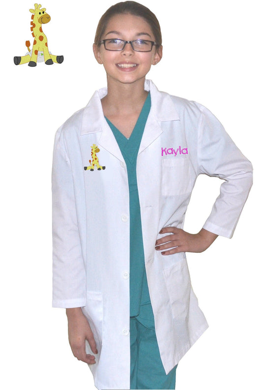 Personalized Kids Lab Coat with Giraffe Embroidery Design, Veterinarian Lab Coat, Birthday Gift, Childrens Lab Coat, Monogrammed Name