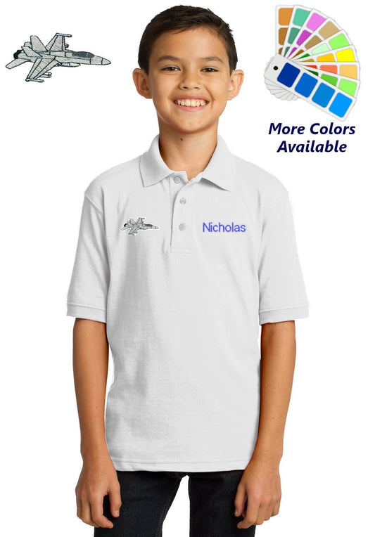 Personalized Kids Polo Shirt Embroidered F18 Hornet Airplane Monogrammed with a Name or Text of Your Choice