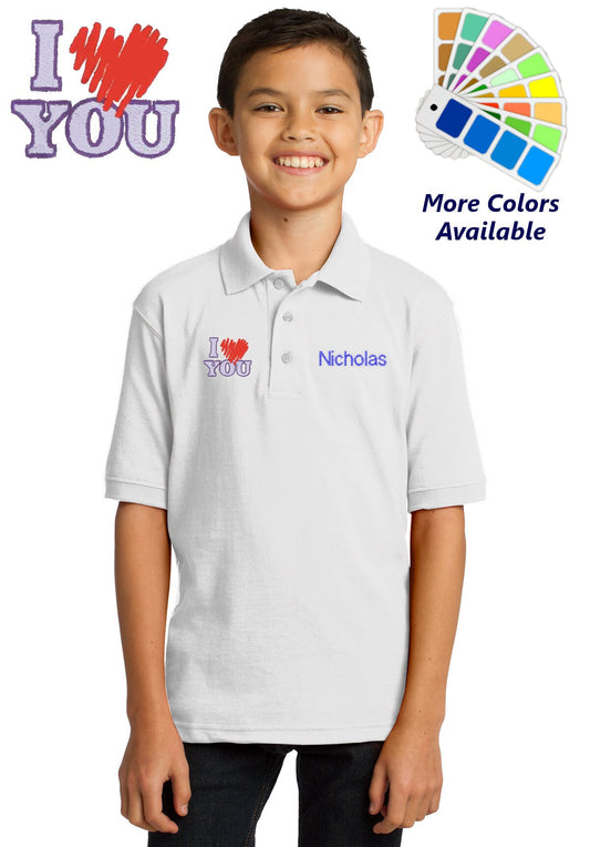 Personalized Kids Polo Shirt Embroidered I Love You Monogrammed with a Name or Text of Your Choice