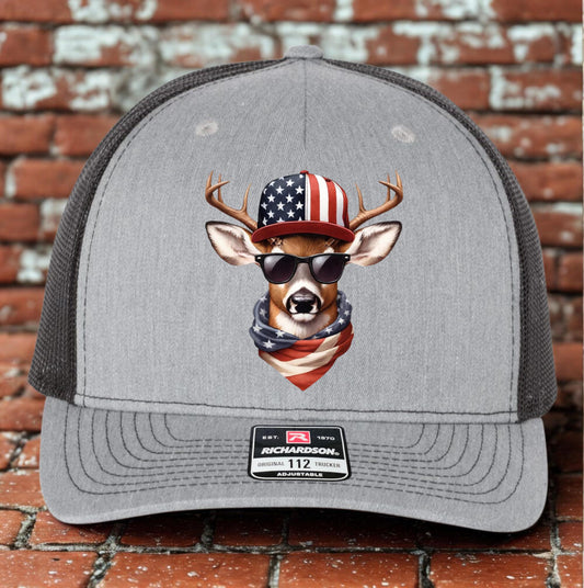 Deer Hunter Trucker Hat, Cool Buck American Flag Hat Design, Richardson 112, Deer Hunter Dad Gift Husband Gift, Sportsman Gift, Printed Hat