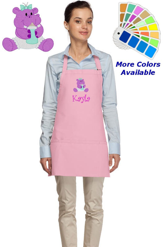 Personalized Apron Embroidered Hippo Design, Custom Apron, Monogrammed Apron Name, Dad Mom Teacher Kitchen Home House Gift