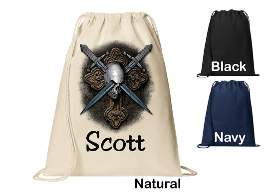 Personalized Goth Skull Swords Cross Design Cinch Pack, Drawstring Gym School Pool Backpack, Printed Monogrammed Custom Name, Perfect Gift