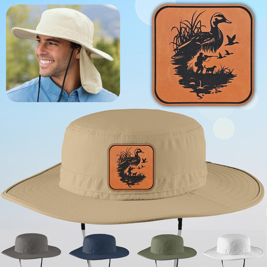 Duck Hunter Leather Patch Bucket Hat, Hunter Hat Design, Wide Brim Hat, Dad Gift Husband Gift, Sportsman Gift, Laser Engraved