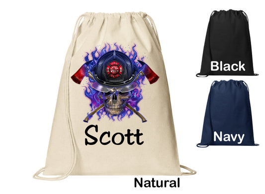Personalized Firefighter Flaming Skull Purple Cinch Pack, Drawstring Gym School Pool Backpack, Printed Monogrammed Custom Name, Perfect Gift